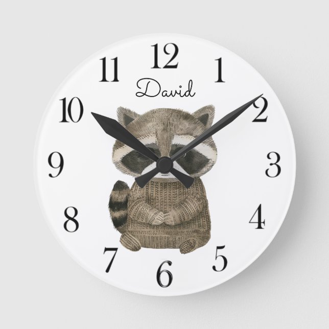 Cute Watercolor Woodland Raccoon  Round Clock (Front)