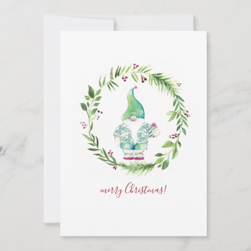 Cute Watercolor Wreath and Gnome Holiday Card