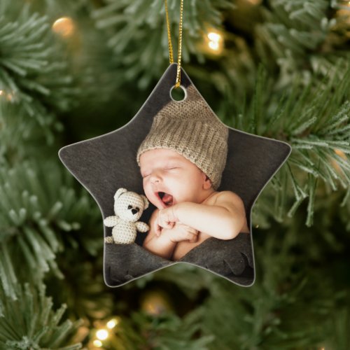Cute Watercolor wreath Baby First Christmas Photo Ceramic Ornament