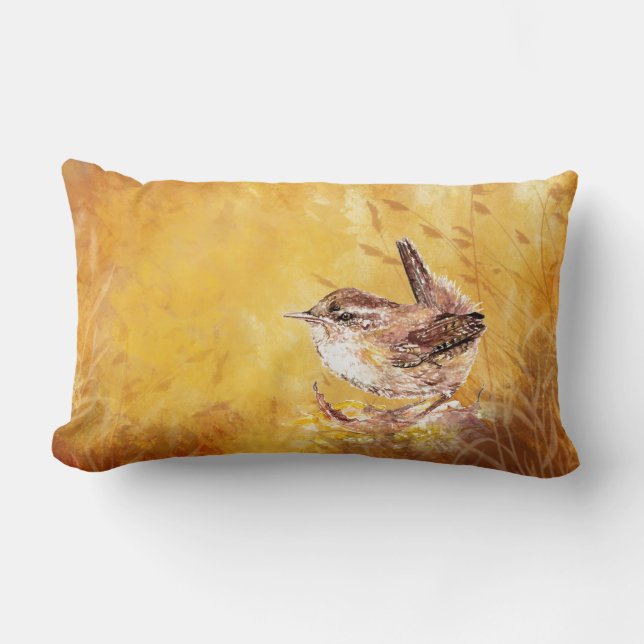 Cute Watercolor Wren Bird Lumbar Pillow (Front)