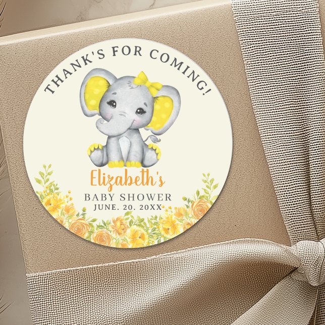  Cute Watercolor Yellow Elephant Baby Shower Classic Round Sticker (Creator Uploaded)