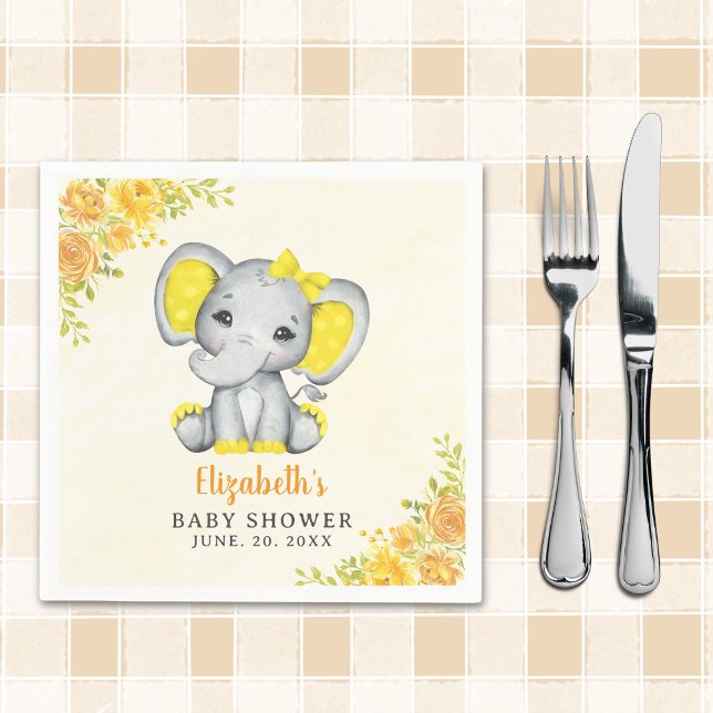 Cute Watercolor Yellow Elephant Baby shower Girl Napkins (Creator Uploaded)