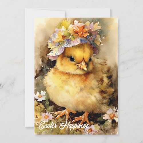 Cute watercolor yellow little chicken with bonnet holiday card