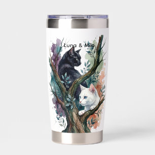 Cute Watercolor Yin Yang Cats Floral Custom Name T Insulated Tumbler
