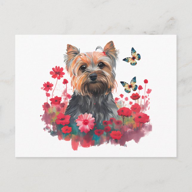 Cute Watercolor Yorkshire Terrier Puppy & Flowers  Postcard (Front)
