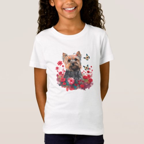 Cute Watercolor Yorkshire Terrier Puppy  Flowers T_Shirt