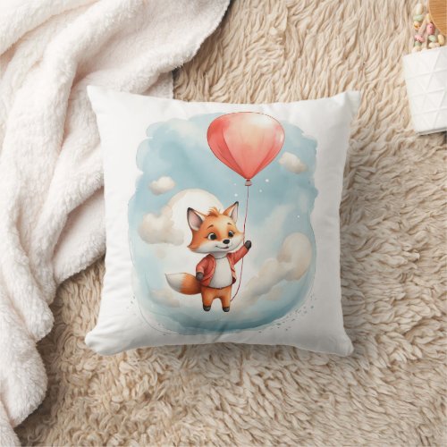 Cute Watercolor Young Fox Big Red Balloon Nursery  Throw Pillow