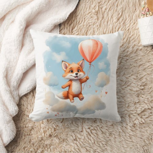 Cute Watercolor Young Fox Floating in Air Nursery  Throw Pillow