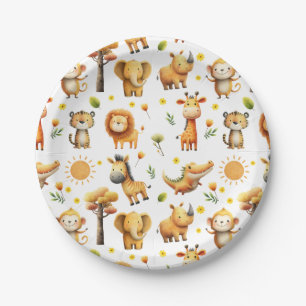 Cute Watercolor ZOO Animals Safari Pattern Festive Paper Plates