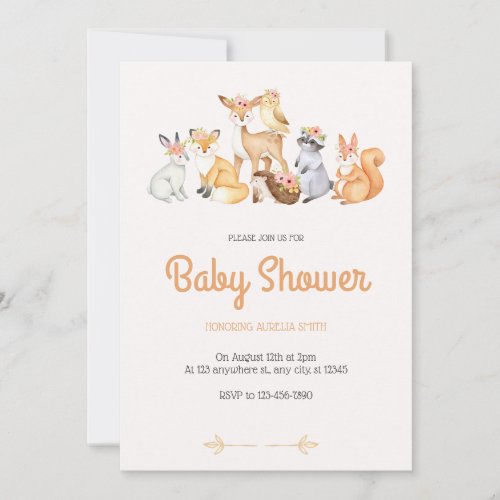 Cute Watercolour Animals Flower Wreath Baby Shower Invitation