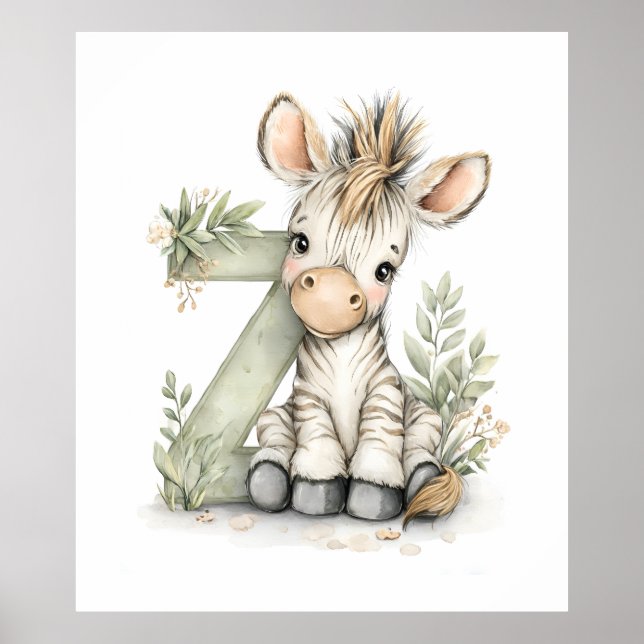 Cute Watercolour Baby Animals Alphabet Zebra Poster (Front)