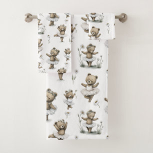 Cute Watercolour Ballerina Bear Design in tutus Bath Towel Set