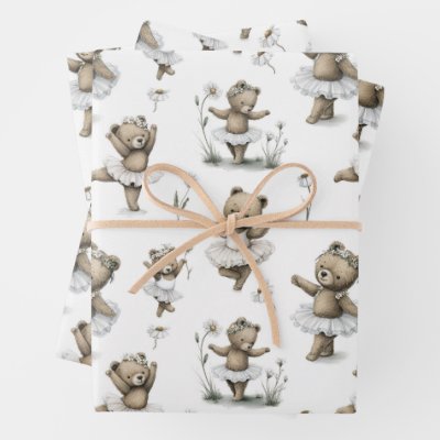 Cute Watercolour Ballerina Bear Design in tutus Wrapping Paper Sheets