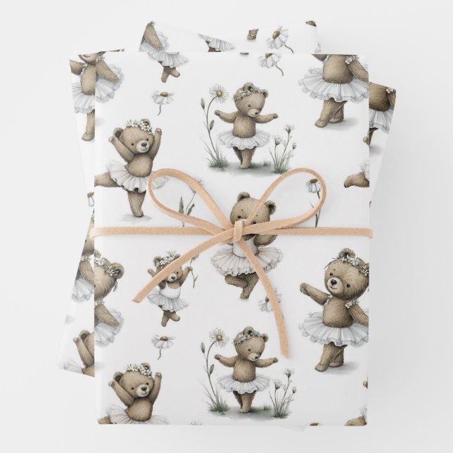 Cute Watercolour Ballerina Bear Design in tutus Wrapping Paper Sheets (In situ)