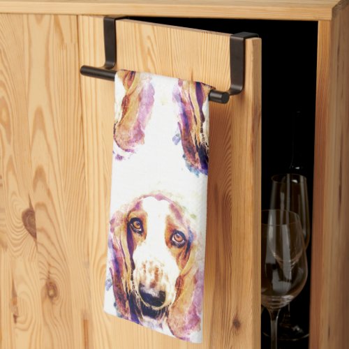 Cute Watercolour Basset Hound Dog Face Head Kitchen Towel