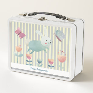 Cute watercolour Bunny & flowers Personalised Metal Lunch Box