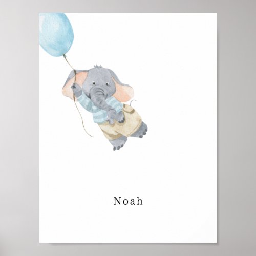 Cute Watercolour Elephant With Balloon Name Poster