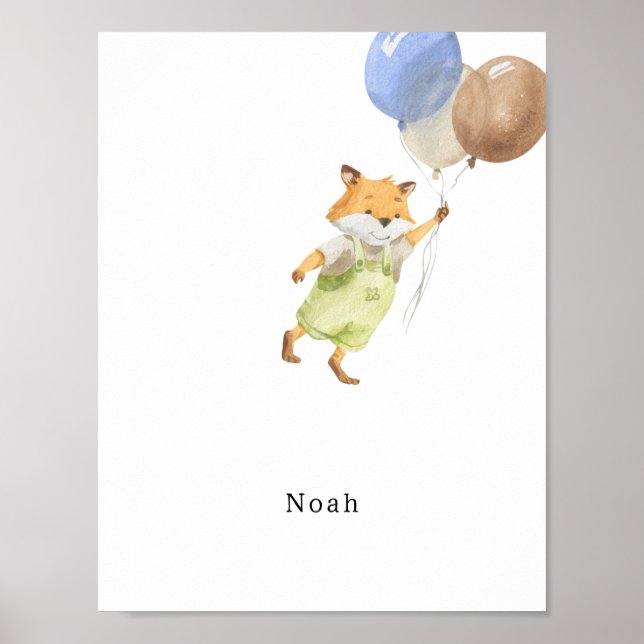 Cute Watercolour Fox With Balloons Name Poster (Front)