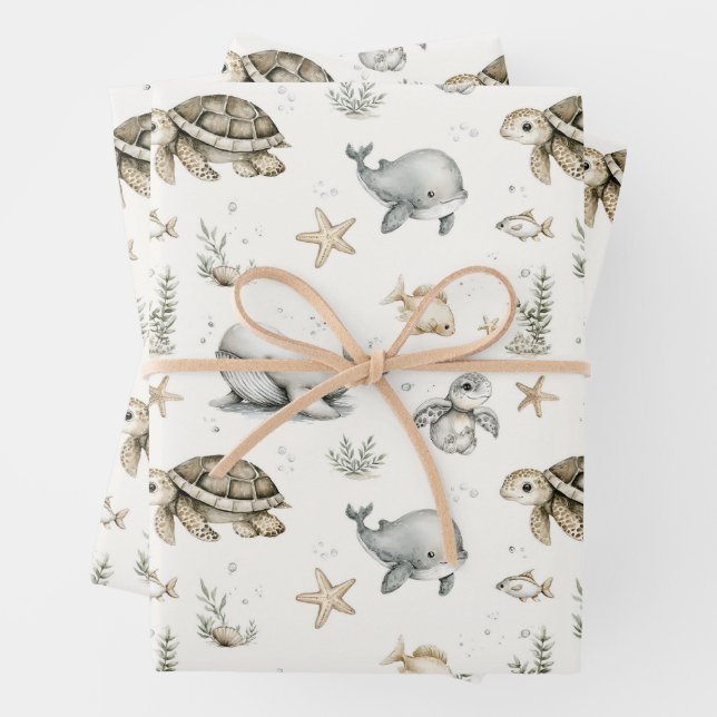 Cute Watercolour Ocean Baby Animals  Wrapping Paper Sheets (In situ)