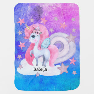 Cute Watercolour Rainbow Unicorn Personalised Baby Blanket