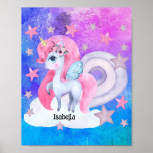 Cute Watercolour Rainbow Unicorn Personalised Poster