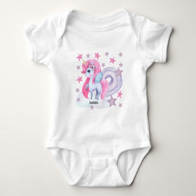 Cute Watercolour Rainbow Unicorn Personalized Baby Bodysuit (Front)