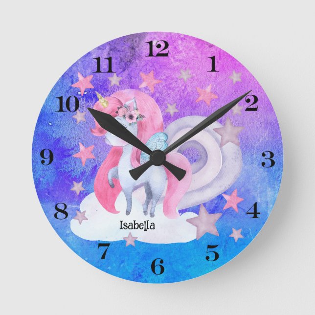 Cute Watercolour Rainbow Unicorn Personalized Round Clock (Front)