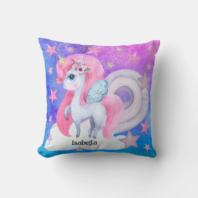 Cute Watercolour Rainbow Unicorn Personalized Throw Pillow (Front)