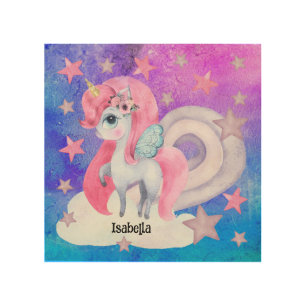Cute Watercolour Rainbow Unicorn Personalized Wood Wall Art