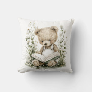 Cute Watercolour Teddy Bear reading a book Throw Pillow