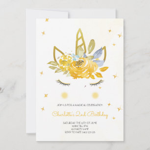 Cute Watercolour Unicorn Yellow Invitation