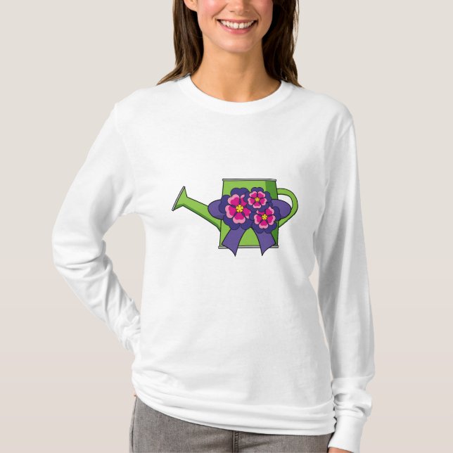 Cute Watering Can with Flowers Bouquet T-Shirt (Front)