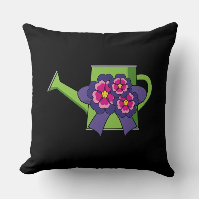 Cute Watering Can with Flowers Bouquet Throw Pillow (Front)