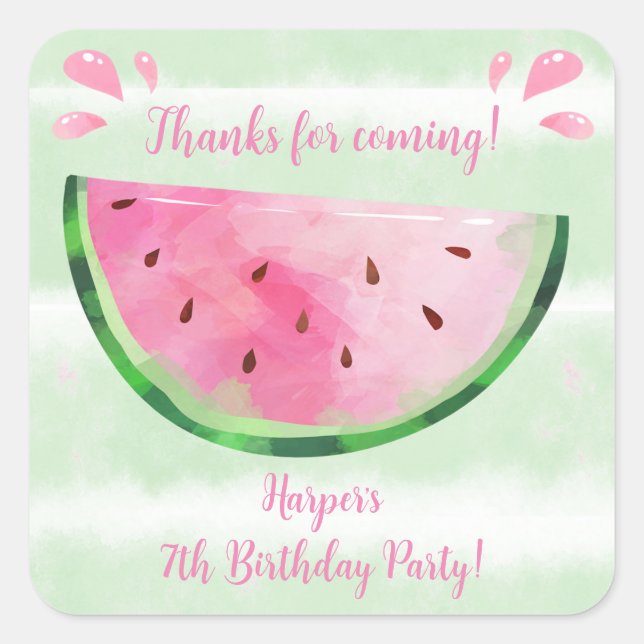 Cute Watermelon Birthday Party Favors Square Sticker (Front)