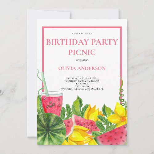 Cute Watermelon Birthday Party Picnic Invitation