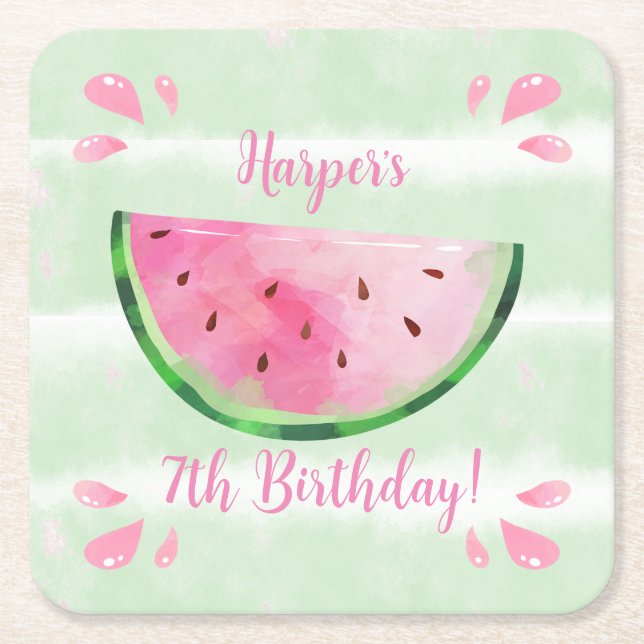 Cute Watermelon Birthday Party Square Paper Coaster (Front)