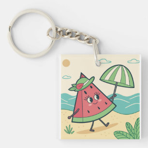 Cute Watermelon Character at the Beach – Keychain