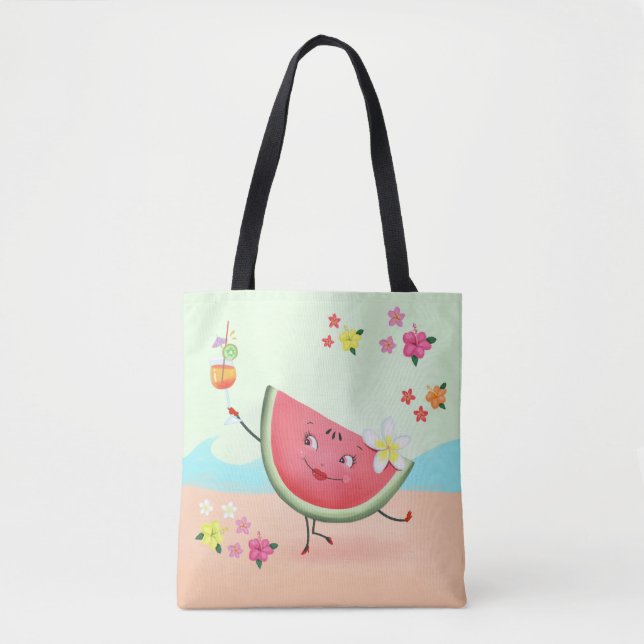 Cute Watermelon Character at the Beach Tote Bag (Front)