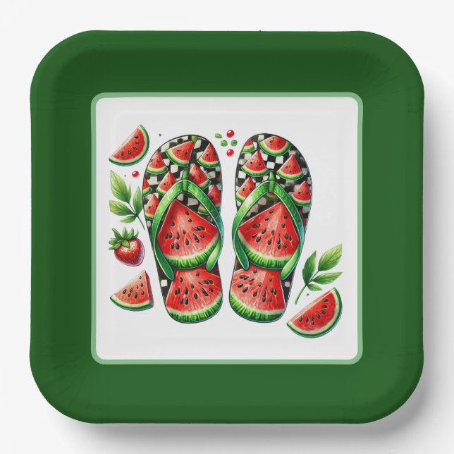 Cute watermelon flip flop beach party  paper plates (Front)