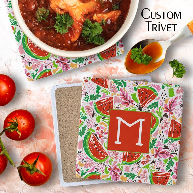 Cute Watermelon Fruit Flowers Trivet (Watermelon Fruit Flowers Trivet 6" x 6" features your monogram initial)