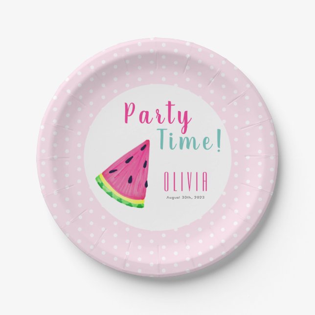 Cute watermelon girl's birthday paper plates (Front)
