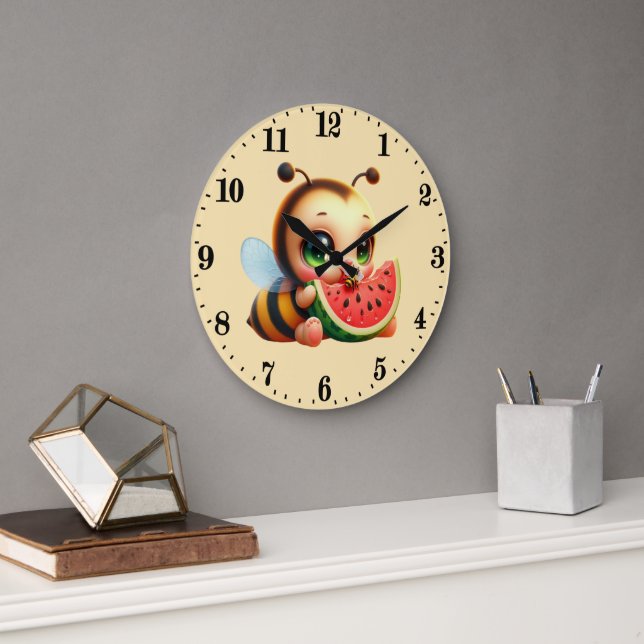 Cute watermelon lovers bee large clock (Office)