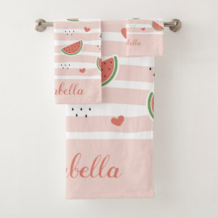 Cute Watermelon On Pink Stripes Pattern Personized Bath Towel Set