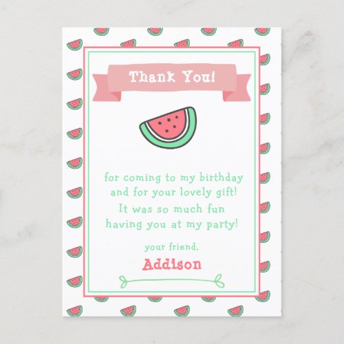 Cute watermelon Pattern Kids Birthday Thank You  Postcard