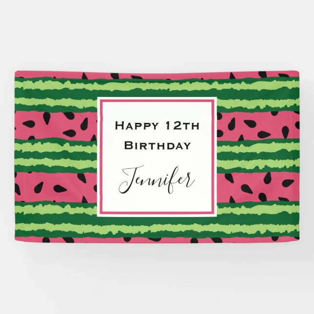 Cute Watermelon Pattern Pink & Green Birthday Banner (Horizontal)