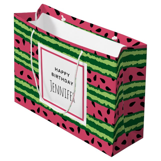 Cute Watermelon Pattern Pink & Green Birthday Large Gift Bag (Front Angled)