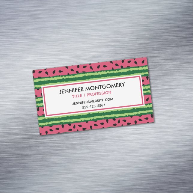 Cute Watermelon Pattern Pink & Green Business Card Magnet (In Situ)