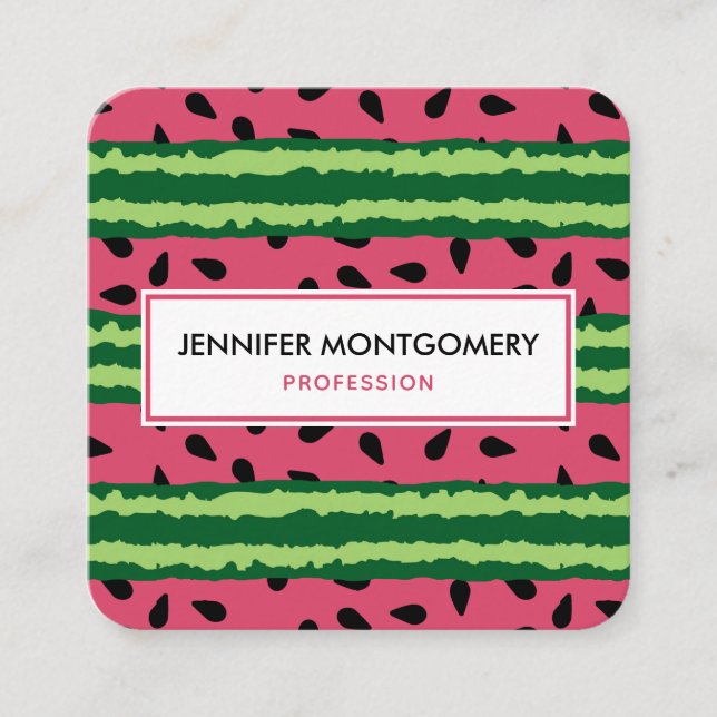Cute Watermelon Pattern Pink & Green Square Business Card (Front)