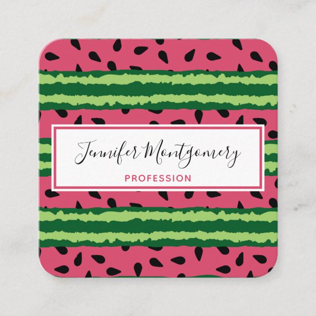 Cute Watermelon Pattern Pink & Green Square Business Card (Front)