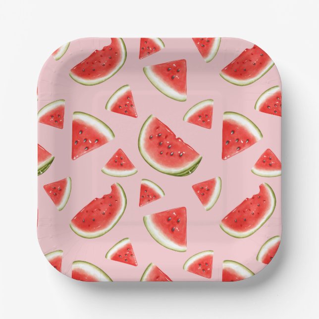 Cute Watermelon Pattern Pink Kids Party Paper Plates (Front)